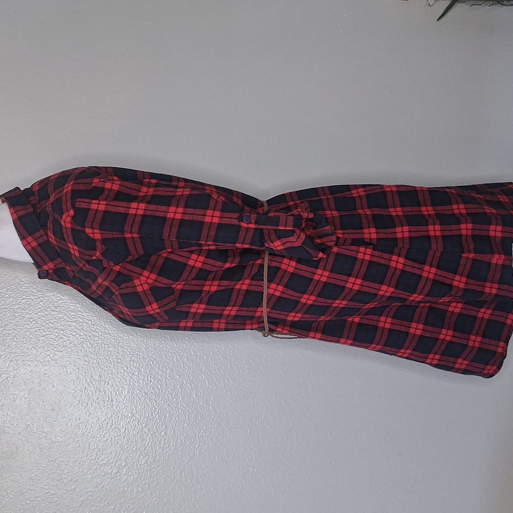 Jade Red Black Navy Plaid Flannel Dress Button Front Roll Tab Sleeve Small - Picture 4 of 14